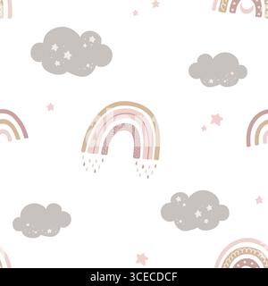 Niedliches nahtloses Muster mit Regenbogen und Wolken. Kreative Babytextur für Stoff, Geschenkpapier, Textil, Tuch. Hand gezeichneter Vektor-Hintergrund für Kind Stock Vektor