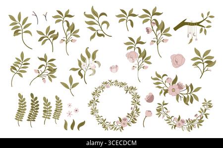 Set handgezeichneter Blumenelemente. Blumenrosa, grüne Blätter, Zweig. Botanische Dekoration Vektor-Illustration für Hochzeitskarte, Stoff und Einladung Stock Vektor