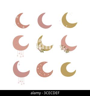 Set von niedlichen Boho-Mond-Vektor-Clip-Kunst. Vektor flache Zeichentrickfilm Mondillustration isoliert auf weißem Hintergrund für Babydusche, Einladung, Babyposter. K Stock Vektor