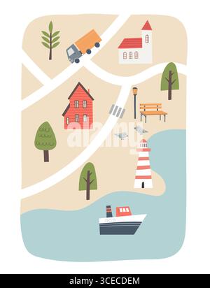 Niedliche Stadtkarte für Kinder. Handgezeichnete Vektorgrafik. Babyplakat mit Cartoon-Straßen, Stadt, Leuchtturm und Meer. Kindergarten-Konzept für Bettzeug Stock Vektor