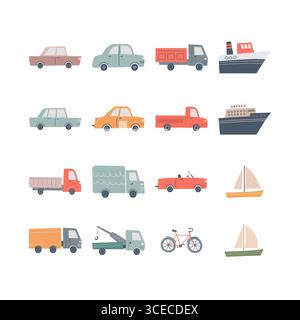Handgezeichnetes Set mit niedlichen Fahrzeugen für Kinder. Vektorillustration für den städtischen Straßenverkehr. Stock Vektor