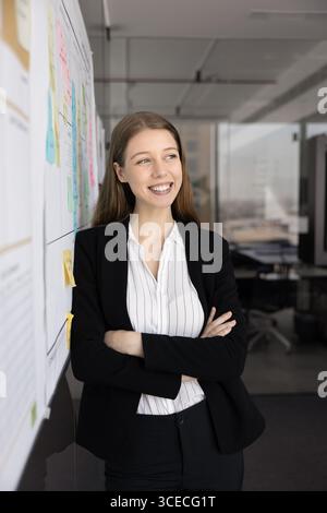 Glücklicher erfolgreicher junger Startup Manager, der an der Whiteboard steht Stockfoto