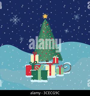Konzept des weihnachtsbaums mit Geschenken darunter, Winter, Feiertage, Nacht, Schnee Stock Vektor