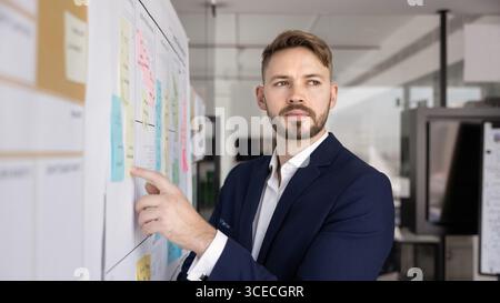 Nachdenklicher junger Geschäftsleiter, der über Projektmanagement denkt Stockfoto