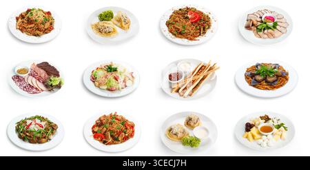 Collage von Restaurant-Gerichten isoliert auf weiß Stockfoto