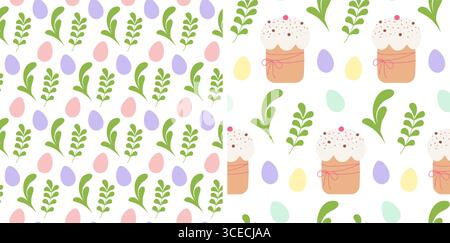 Gemalte Eier und Osterkuchen nahtlose Muster Osterfeiertage festliche Hintergründe oder Tapeten Set. Isolierte Vektor-Illustration Ostern Themenkarten Hintergrund Party Einladung Banner, Flugblätter, Etiketten Stock Vektor