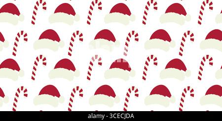 Gestreifte Bonbonbons und Weihnachtsmützen nahtlose Muster Banner Format Weihnachten oder Neujahr festliche Fond. Isolierte Vektor-Illustration Winterurlaub Thematische Karten Hintergrund Broschüre, Medienpost Promo, Tag Stock Vektor