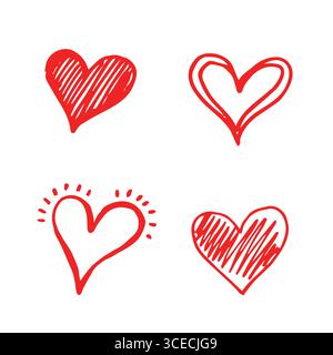 Sammlung Doodle Set handgezeichneter Scribble Herzen isoliert rot auf weißem Hintergrund Stock Vektor