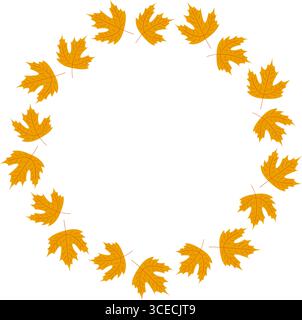 Herbstgoldgelber Ahornblattkranz. Kreisrahmenvorlage für Grußkarten oder Ausdrucke. Gemütliche flache Illustration. Stock Vektor