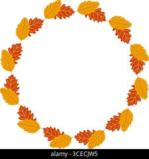 Herbstkränze aus goldgelbem Eichenlaub. Kreisrahmenvorlage für Grußkarten oder Ausdrucke. Gemütliche flache Illustration. Stock Vektor