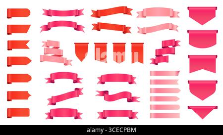 Bandmarkierungen. Farbenfrohe Verkaufsbanner und Rabattaufkleber, rote pinkfarbene Bänder Preisetiketten mit geschwungener Ecke bieten ein flaches Design für Einzelhandelsmarken Stock Vektor