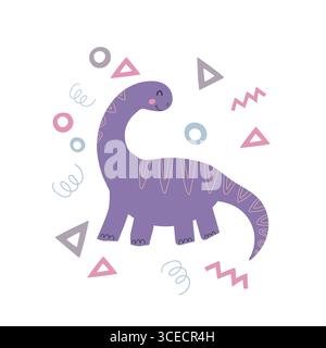 Niedlicher Dinosaurier mit geometrischen Elementen isoliert auf weißem Hintergrund. Comicfiguren Reptilien Vektorillustrationen. Handgezeichnetes prähistorisches Eidechsenki Stock Vektor