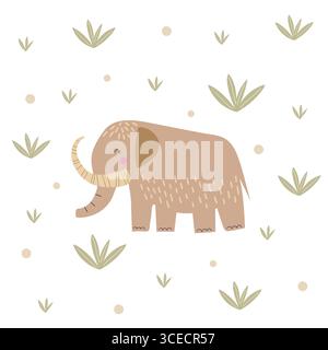 Cartoon niedliches Mammut und Pflanzen isoliert auf weißem Hintergrund. Lustige prähistorische Elefantenvektorillustration. Poster für steinzeitliche Kinder Stock Vektor
