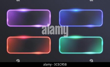 Technologie Rechteckrahmen. Futuristische Kollektion mit leuchtendem Glasrand, abstraktes Design mit glänzendem Label, neonlichter Glasmorphismus-Effekt. Vektor-LED Stock Vektor