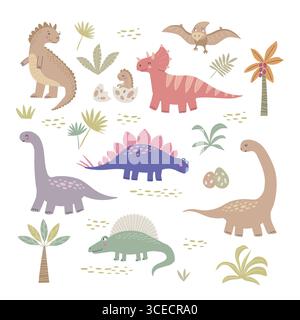 Set mit niedlichen Dinosaurier-Vektor-Illustrationen. Prähistorische Eidechsensammlung isoliert auf weißem Hintergrund. Handgezeichnete Zeichentrickfiguren Reptilien Stock Vektor
