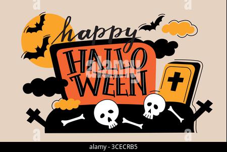 Halloween-Schriftbanner. Gruselige Urlaubs-Cartoon-Elemente mit Textschädeln, Kreuzen, Fledermäusen, gruseligem Poster für die Oktoberparty mit Horror-Dekoration. Vektor Stock Vektor