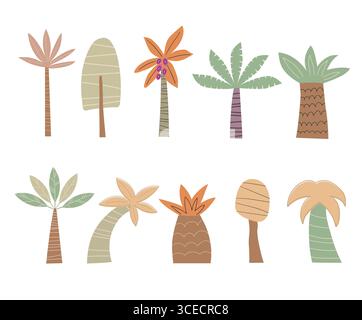 Flache Vektor-Set tropische Palmen isoliert auf weißem Hintergrund. Zeichentrickbaumsammlung. Handgezeichnete Illustration. Stock Vektor