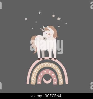 Handgezeichnetes niedliches Einhorn auf Regenbogen. Magisches Horn mit Sternen-Vektor-Illustration. Kindliches Poster mit Märchentier, Einladung, Postkarte Stock Vektor