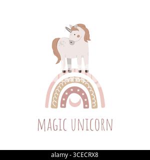 Hand gezeichnetes nettes Einhorn auf Regenbogen isoliert auf weißem Hintergrund. Illustration des Zauberhorn-Vektors. Kindliches Plakat mit Märchentier, Invita Stock Vektor