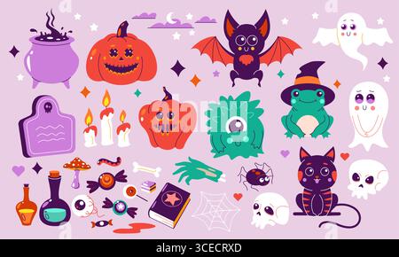 Halloween-Grafik für Kinder. Niedliche Kürbis-Geister-Zeichentrickelemente von gruseligen Halloween-Charakteren, flache kindische Monster-Aufkleber für den Urlaub Stock Vektor