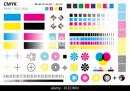 CMYK-Testdruck. Farbkalibrierungsdiagramm für Cyan Magenta Gelb Schwarz, Farbmuster für Grafikdesigner-Palette, CMYK-Drucksteuerungstabelle. Vektor Stock Vektor