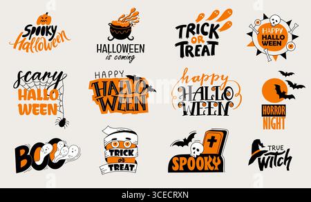 Halloween-Typografie. Gruselige Feiertagskalligrafie mit traditionellen Symbolen, gruselige Kürbisfledermaus Spinnennetz-Silhouetten, Banner-Poster für die Oktoberfeier Stock Vektor