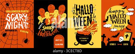 Halloween-Party-Poster. Gruseliger Flieger, gruseliger Hintergrund für Einladungskarte, Horror-Nacht-Feier mit Kürbisfledermäusen und Mond. Vektor Stock Vektor