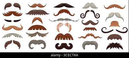Cartoon-Schnurrbart. Kritzele Hipster Schnurrbart Styles, männliche Gesichtshaarsymbole in verschiedenen Formen und Farben, Friseur-Friseur-Friseur-Friseur-Schnurrbart-Patches. Vektorschnurrbärte Stock Vektor