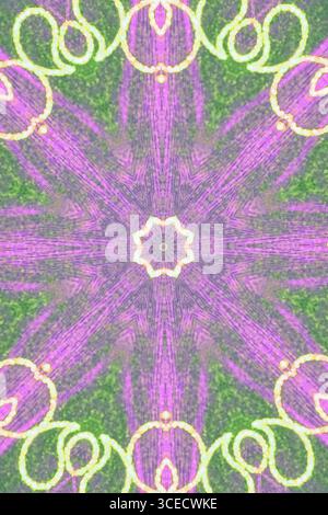 Ein fesselndes abstraktes Bild mit kaleidoskopischen Mustern mit lebendigen lila und grünen Lichtformen. Die symmetrische Konstruktion erzeugt ein faszinierendes VI Stockfoto