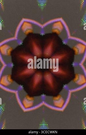 Abstraktes Bild mit kaleidoskopischem Muster mit leuchtenden Formen und lebhaften Farben. Das Design zeigt Symmetrie und eine psychedelische, futuristische aes Stockfoto