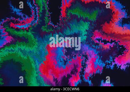 Dieses Bild zeigt ein lebendiges abstraktes Design mit elektrischen Wellenmustern in einer dynamischen Farbpalette. Die wirbelnden Texturen erzeugen ein Gefühl von fl Stockfoto