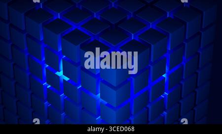 Cube-Strukturen schaffen eine faszinierende geometrische Anordnung, die durch blaues Licht hervorgehoben wird und moderne Designkonzepte und technologische Inspirationen zum Ausdruck bringt. Stockfoto