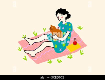Eine Illustration einer Frau, die einen sonnigen Tag im Freien genießt, während sie auf einer rosafarbenen Picknickdecke sitzt, mit einer zufriedenen Katze in ihren Armen, umgeben von Grün Stockfoto