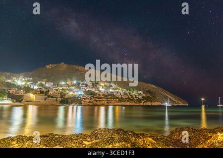 Ruhiger Nachtanblick auf die Costa Blanca Küste unter einem Sternenhimmel. Die Lichter der Häuser spiegeln sich in der Ruhe des Mittelmeers, cr Stockfoto