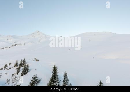 Schneebedeckte Berggipfel erstrecken sich unter einem klaren blauen Himmel, während üppige Kiefern auf einem schneebedeckten Hang stehen und die heitere Schönheit eines Winters einfangen Stockfoto