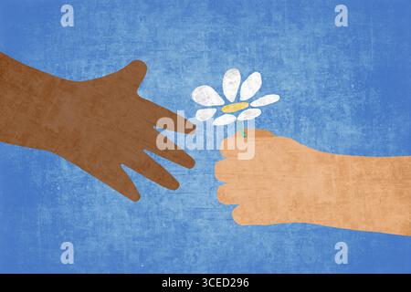 Illustration von zwei Händen, die nach einander greifen, wobei eine eine weiße Blume für Vielfalt, Integration, Liebe und Einheit steht. Stellt Art dar Stockfoto