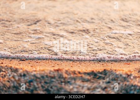 Nahaufnahme einer kleinen Welle, die bei Sonnenuntergang sanft über goldenem Sand wäscht. Selektiver Fokus. Stockfoto