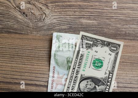 Amerikanischer 1 Dollar mit türkischer Twenty Lira und einigen Münzen auf Holzoberfläche, halb- und Draufsicht Stockfoto