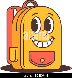 Gelber Schulrucksack mit Zeichentrickfiguren und breitem Grinsen, kräftigen schwarzen Linien und einem Maskottchendesign im Retro-Look. Ideal für Kinder, Lerninhalte und Bildungsangebote Stock Vektor
