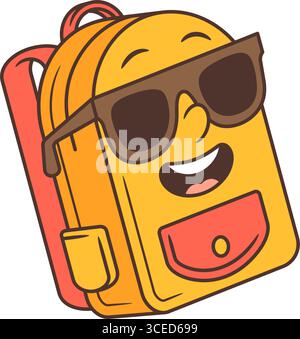 Schulrucksack-Maskottchen im Retro-Stil mit fröhlichem Gesicht, Korallenvordertasche, gelbem Body und dunkler Sonnenbrille. Perfekt für Bildungsprojekte, Kinderfrien Stock Vektor