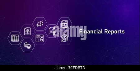 Finanzberichte Symbole für Finanz- und Buchhaltungsdiagramme Tabellenkalkulationen Geld Quartalsgewinne Jahresberichte Cashflow-Bilanz und Stock Vektor