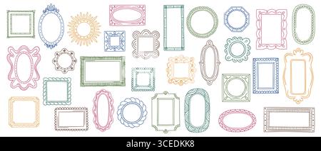 Handgezeichneter Rahmen. Vintage-Fotoskizze, schwarz-weiß-florale, minimalistische Kante mit Kritzelmuster für süße Bilder. Einfache handgezeichnete kreative Dekoration isolierte grafische Elemente. Vektorhintergründe festgelegt Stock Vektor