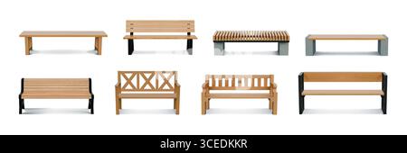 3D-Werkbank. Gartenstuhl aus Holz. Moderne Parkmöbel aus Holz oder realistische Sitze. Plank Sofa zum Sitzen. Entspannung im Park. Straßensessel. Isolierte Holzcouch im Freien. Vektor-Cityscape-Objektgruppe Stock Vektor