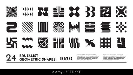 Abstrakte Formen. Logo-Grafikelemente, brutale Symbolform oder minimales y2k-Ornament-Set. Brutalistische moderne Figuren. Primitiver Stil mit dekorativer geometrischer Silhouette. Vector einfaches, modernes schweizer Design Stock Vektor