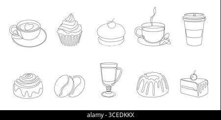 Bäckereilinie Kunst. Cafe-Essen. Croissant mit Kritzelbacken. Tee- oder Kaffeetasse. Süßes Dessert. Muffin- und Tortenzeichnung. Latte-Glas. Becher mit Heißgetränk Köstliche Süßwaren. Vektorkontur Tortenelemente Set Stock Vektor