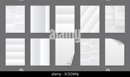 Papier faltet sich. Faltblatt-Modell. A4 Buchseite falten oder leere Notiz mit Schatten. Saubere weiße Werbekarte. Zerknittertes Notizbuch. Postbogen umdrehen. Curl Eck. Gefaltete Oberfläche. Vektorposter Set Stock Vektor