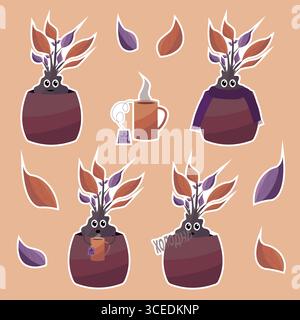 Sticker Pack mit Mandrake Charakter, gezeichneter Vektor Mandrake Sticker Pack, Herbst Sticker Set, Topfpflanze Stock Vektor