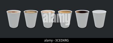 Pappbecher. Heißer Kaffee. Einwegglas aus weißem Karton für Cappuccino oder Tee. Koffeingetränk. Mokka Latte in Kaffeetasse. Realistische braune Espresso-Vorlage. Vektorrealistische Objekte legen das Barista-Menü fest. Stock Vektor