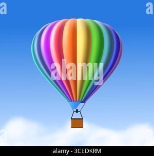 Realistischer Luftschiffballon. Farbenfrohe Regenbogenfarben gestreifter Kuppelaerostat mit Korb am blauen Himmel unter Wolken. Luftverkehr und Unterhaltung. Fliegendes Fahrzeug. Luftverkehrselement. Vektor-3D-Illustration Stock Vektor