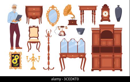 Alte Möbel. Antiker Bürotisch. Vintage-Wohnzimmereinrichtung. Retro-Lampe. Holzschrank. Verkäufer anzeigen. Heimcouch. Kerzenlicht. Klassischer Stuhl. Bild und Spiegel. Vector Einrichtungselemente Set Stock Vektor